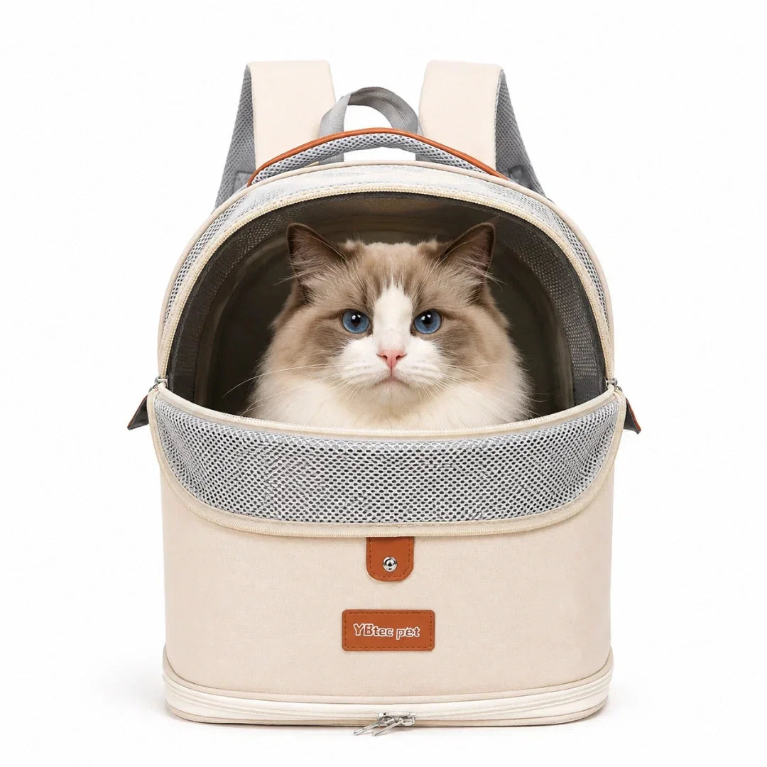 Beige breathable cat backpack carrier with a front mesh window and a fluffy ragdoll cat looking out.