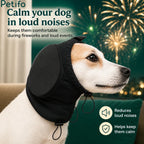 Benefits infographic showcasing how the Petifo anti-anxiety cap reduces stress and ensures safer, more peaceful nights during fireworks.