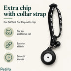 Extra electronic microchip sensor tag with a black paw-print collar strap designed to provide smooth access for an additional cat.