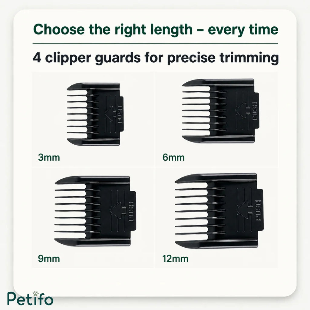 Four black clipper guard attachments showing precise cutting lengths from 3mm to 12mm.