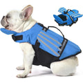 Side profile of a French Bulldog wearing a blue dog life jacket with reflective safety strips and a detachable top float.
