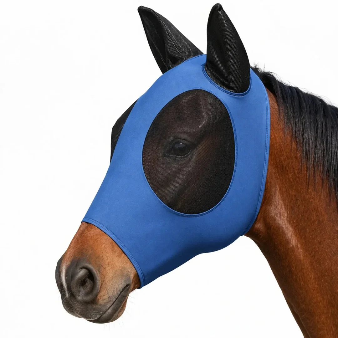 Blue stretch horse fly mask with black mesh ears and eyes for full face insect protection.
