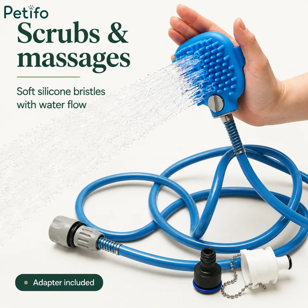 blue pet shower hose and glove coiled up for convenient storage and travel.