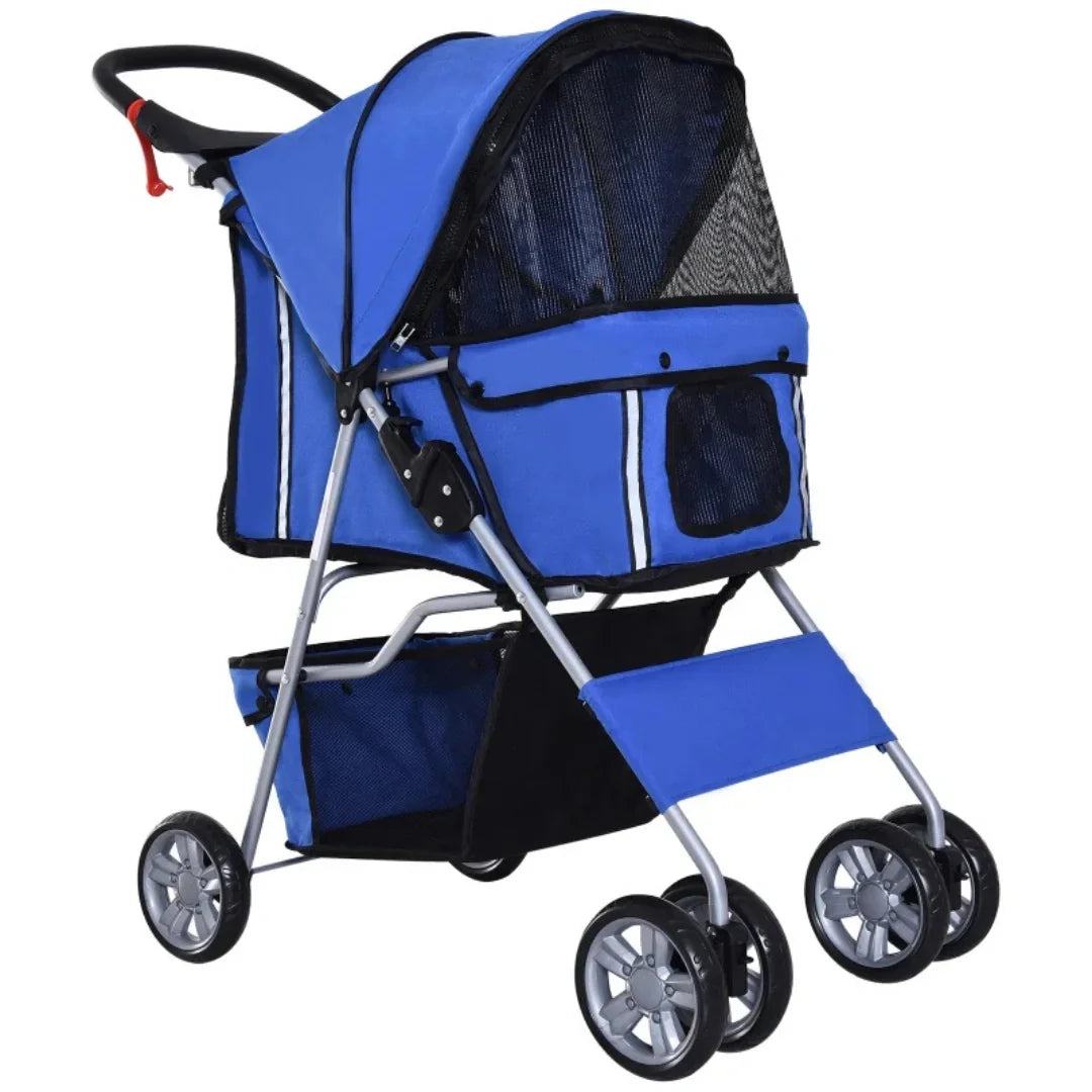 Bold blue Petifo pet stroller, highlighting the mesh ventilation panels and easy-to-use handle.