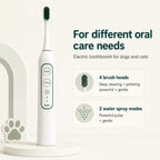 Professional electric pet toothbrush highlighting 4 custom brushing modes and 2 water flossing settings.
