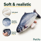 Close-up diagram showing soft plush texture and realistic print of Petifo interactive fish toy