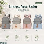 Color showcase display featuring the breathable pet backpack carrier available in gray, beige, pink, and blue.