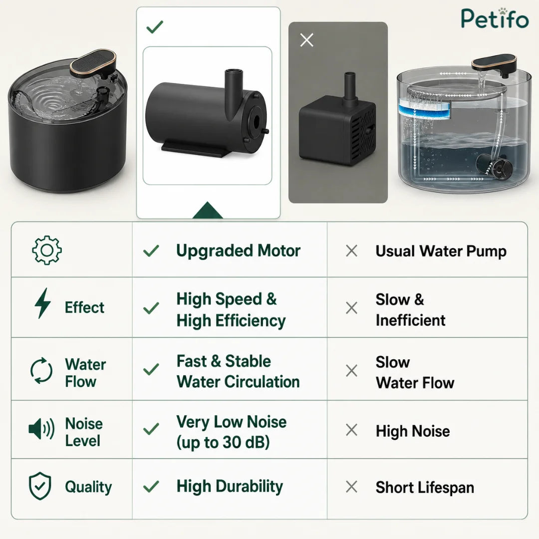 Comparison chart highlighting features of Petifo upgraded low-noise pump versus standard pet water pump