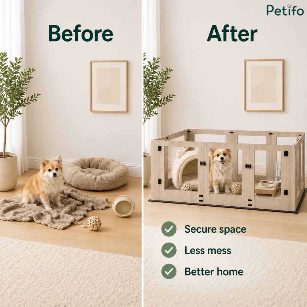 Before-and-after room comparison illustrating how the Petifo playpen creates a secure space, reduces mess, and improves the home environment.
