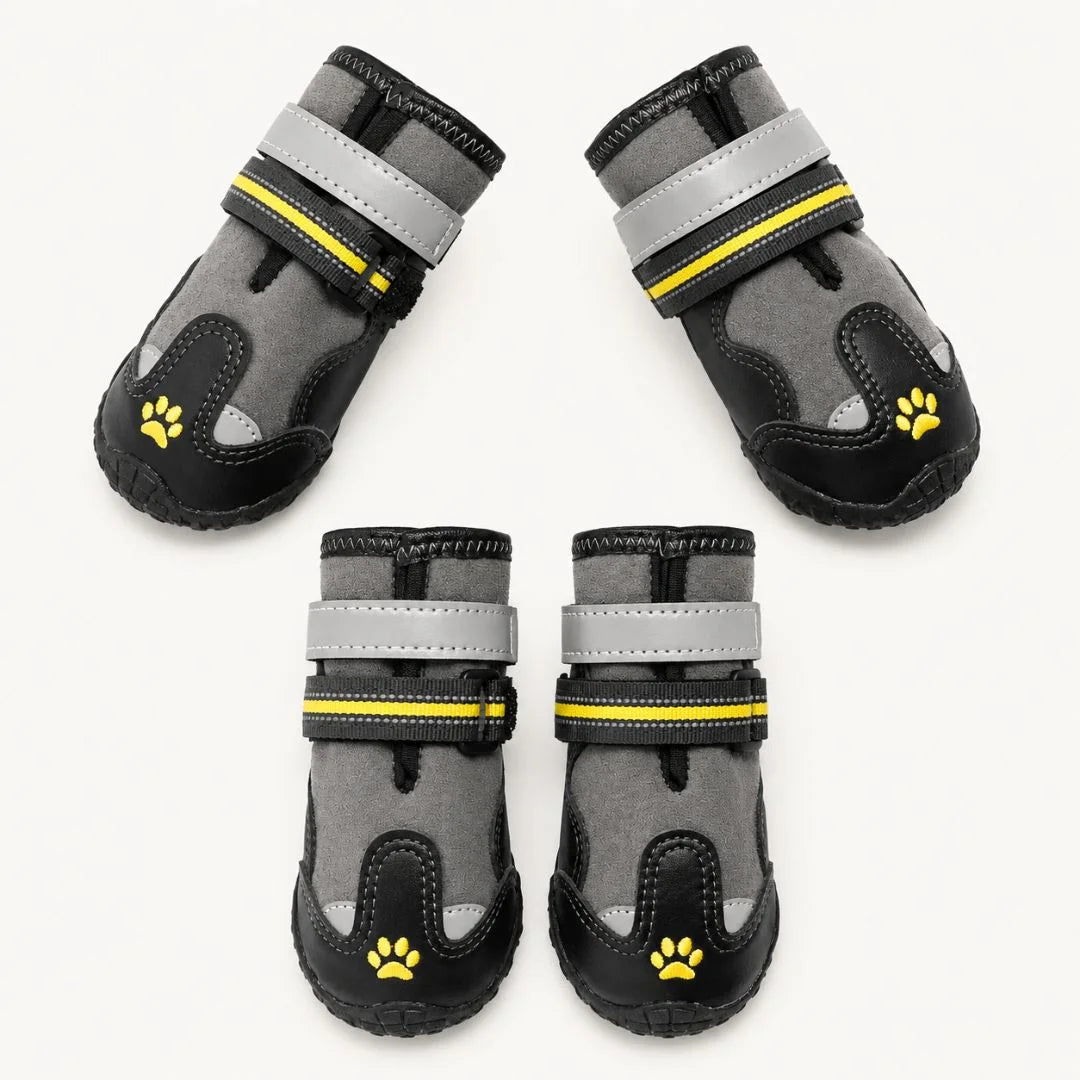 Complete set of four grey and black dog shoes featuring adjustable straps and yellow paw print embroidery on a white background.