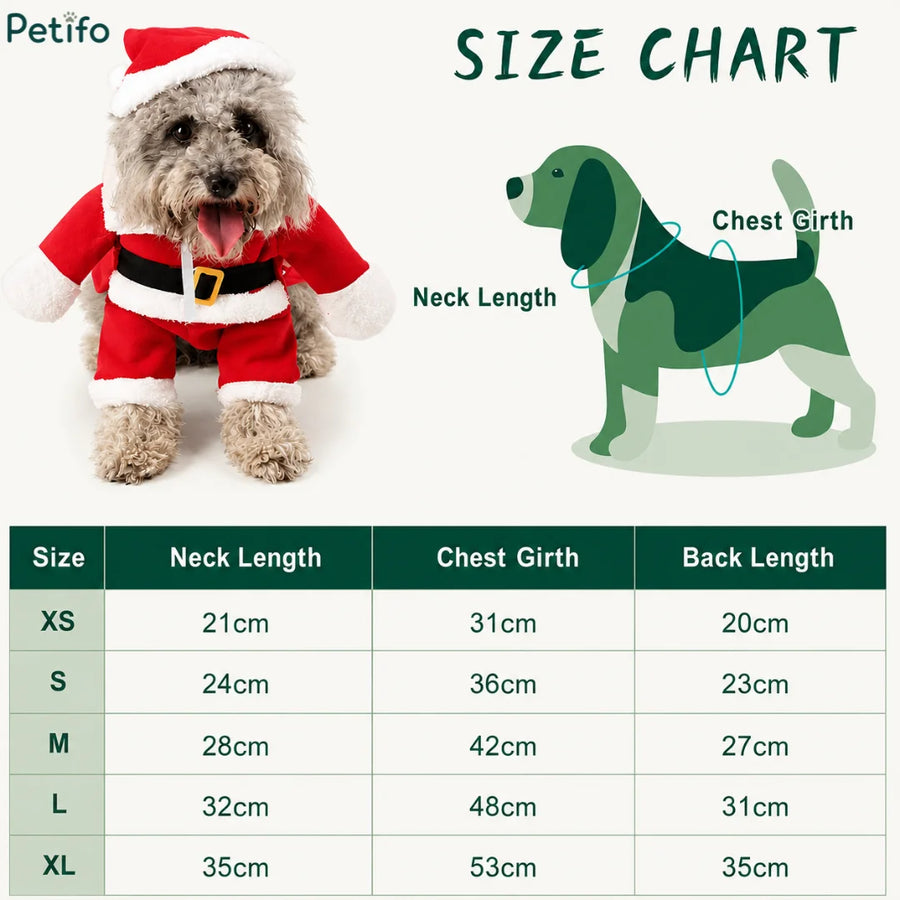 Tabla de tallas del disfraz de Papá Noel para perros con medidas del cuello, el pecho y el lomo.