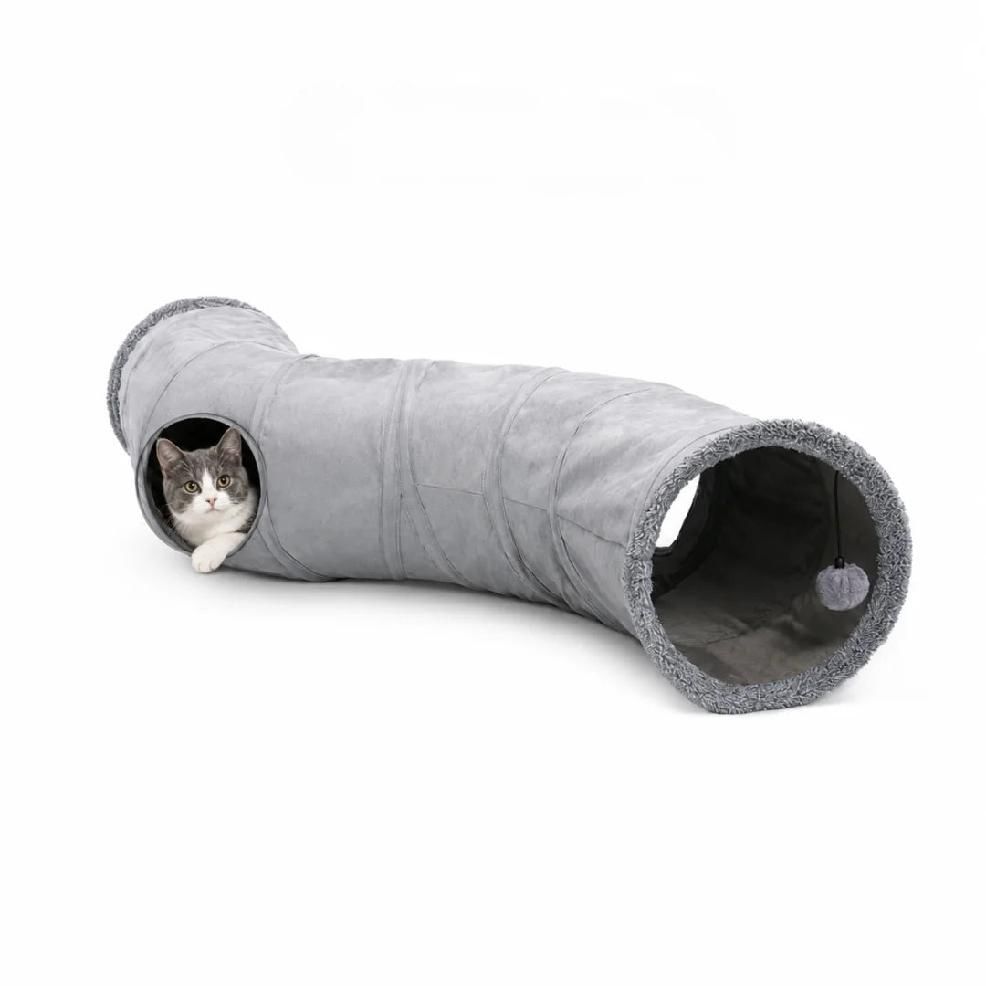Grey interactive cat tunnel toy featuring a dangling plush play ball and side peekaboo hole.