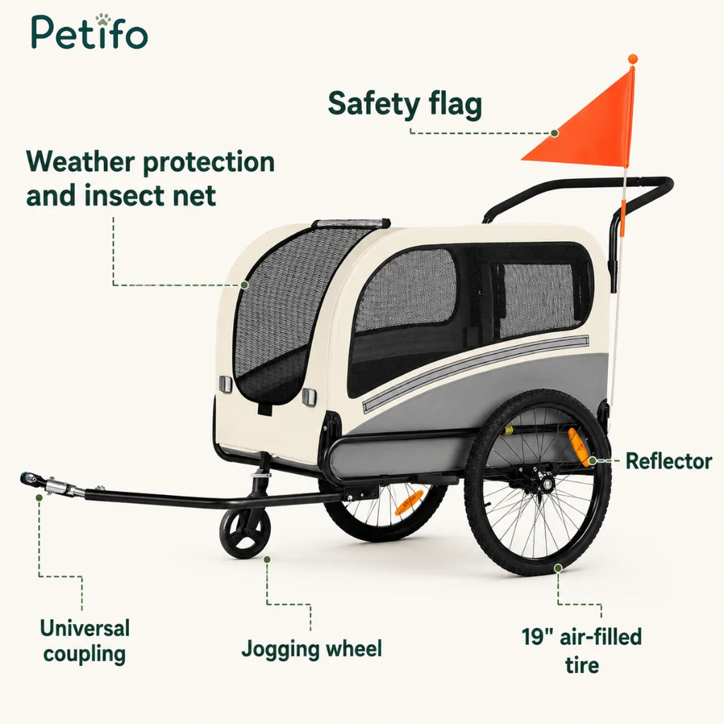 Detailed product view of the Petifo pet bike trailer highlighting features including a safety flag, weather protection, insect net, universal coupling, jogging wheel, and 19-inch air-filled tires.