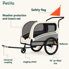 Detailed product view of the Petifo pet bike trailer highlighting features including a safety flag, weather protection, insect net, universal coupling, jogging wheel, and 19-inch air-filled tires.