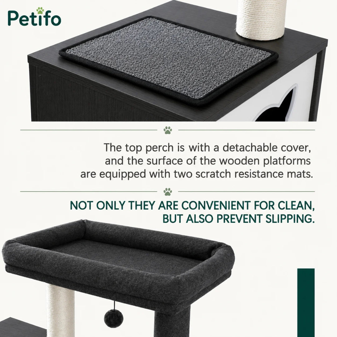 Detailed view of a Petifo cat tree showing a detachable top perch cover and scratch-resistant, non-slip mats on wooden platforms for added safety and easy cleaning.