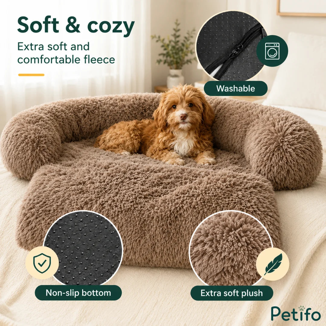 Close-up details of the Petifo dog bed highlighting the non-slip bottom, machine-washable zipper, and extra-soft plush fleece.