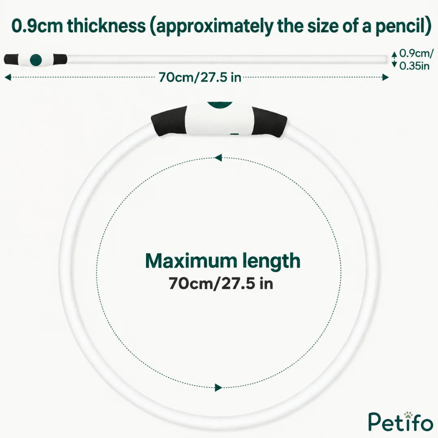 Diagrama de tamaño y dimensiones del collar luminoso para perros, que muestra una longitud máxima de 70 cm y un grosor de 0,9 cm.