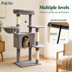 Diagram demonstrating the multiple levels of our cat tree and the included anti-tip wall anchor kit for enhanced safety.