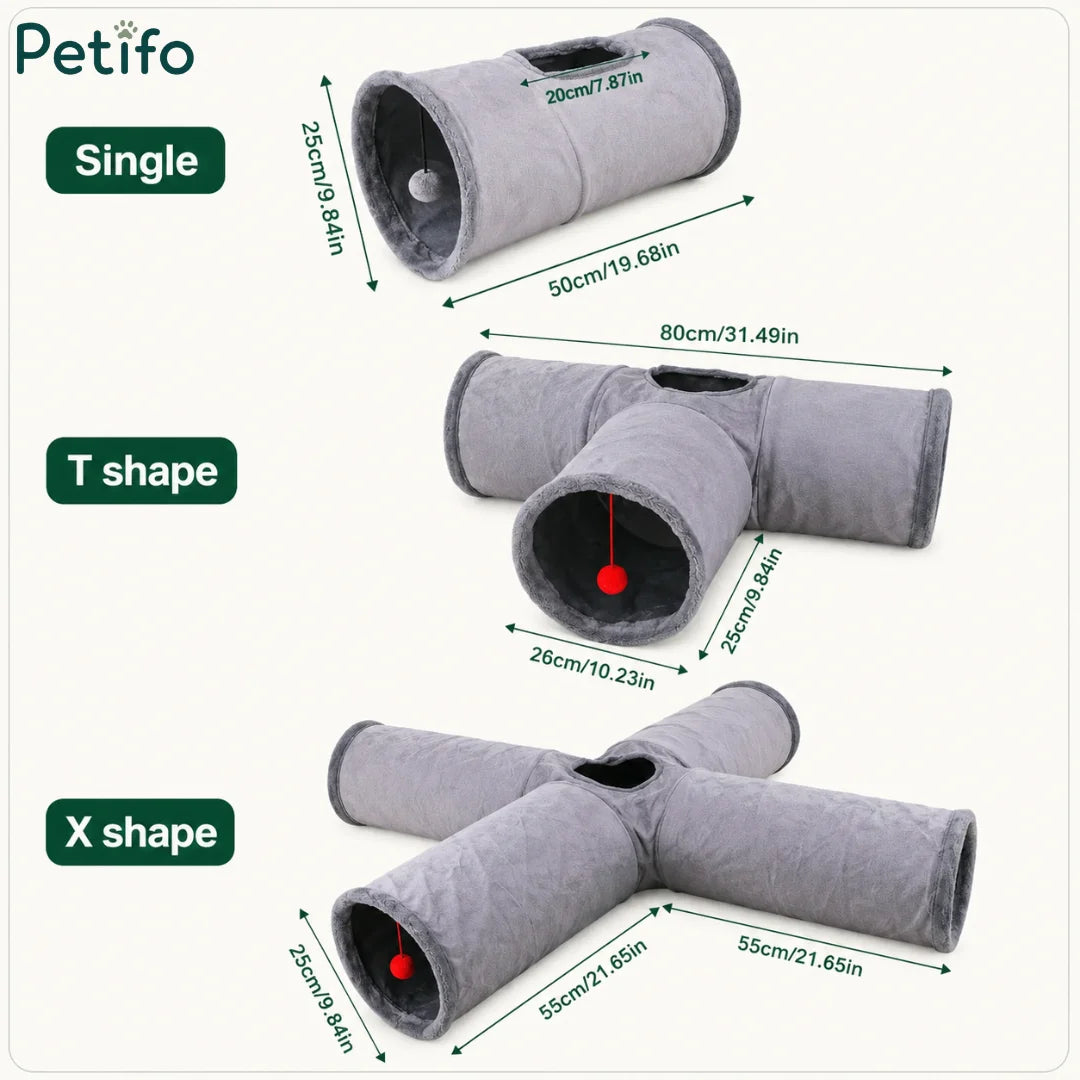 Size specification chart illustrating single, T-shaped, and X-shaped cat tunnel dimensions.
