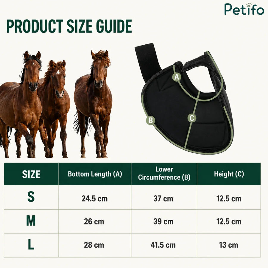Tabla de guía de tallas del producto con las dimensiones de botas de campana para caballo pequeñas, medianas y grandes