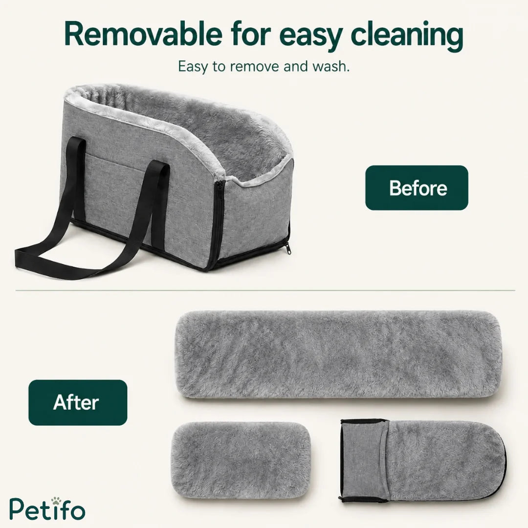 Disassembled Petifo pet car seat showing removable washable plush lining components