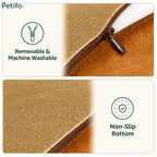 Details of the Petifo carrot plush toy showing its durable zipper, machine-washable fabric, and non-slip bottom.