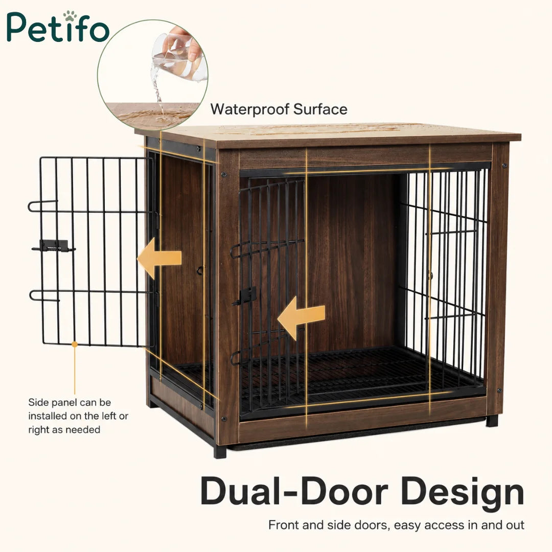An educational graphic showcasing the Petifo dog crate’s dual-door design, waterproof surface, and reversible side panel installation for flexible placement.