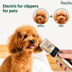 Before and after comparison showing a poodle being groomed with an electric pet fur clipper.