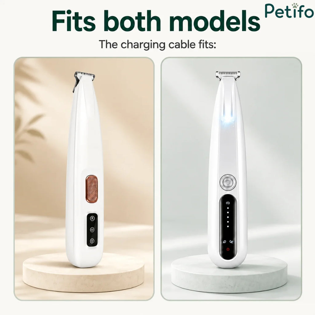 Two white electric pet hair trimmer models displayed side-by-side on neutral stands with a compatibility label.