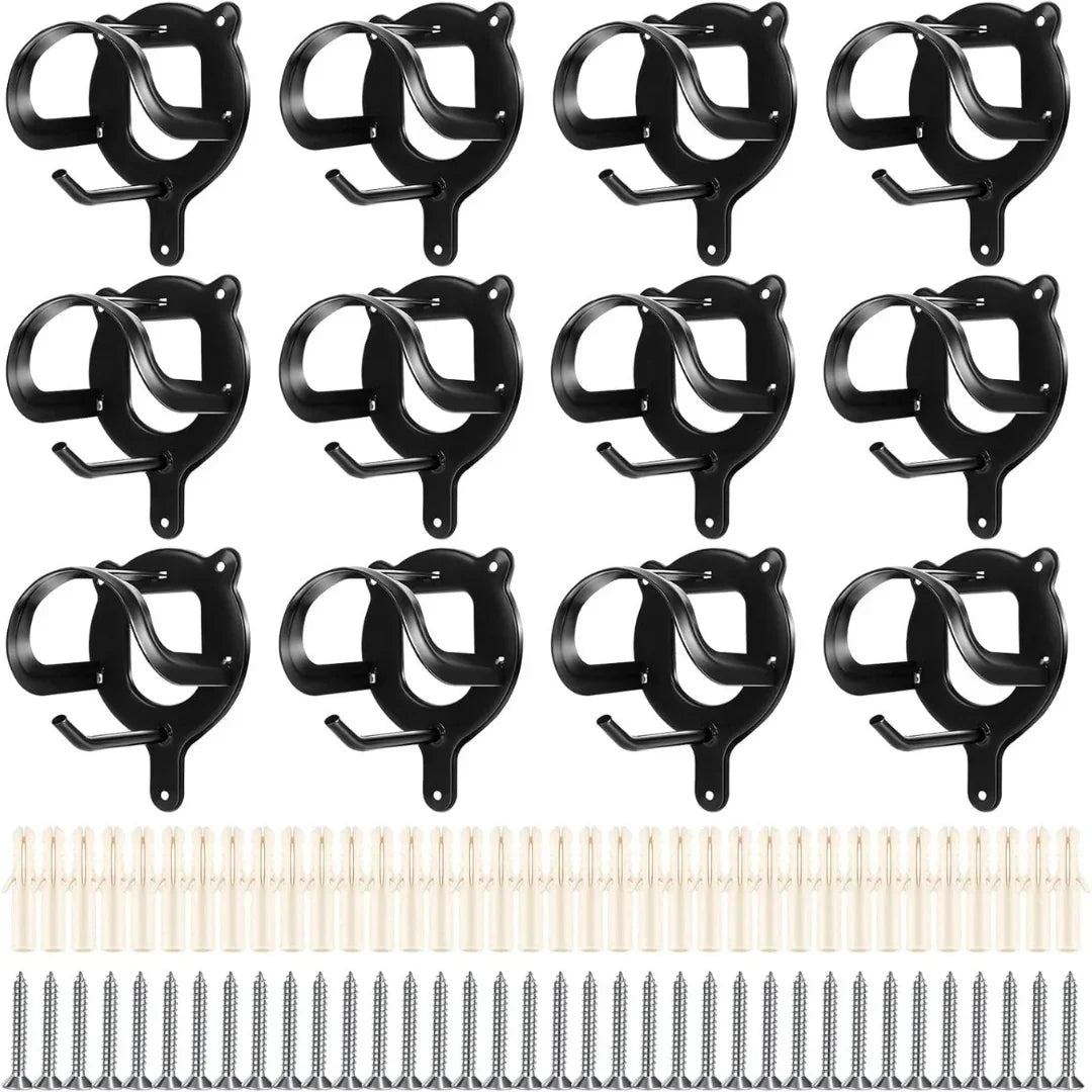 Set of black wall-mounted equestrian bridle holders complete with matching installation screws and anchors.
