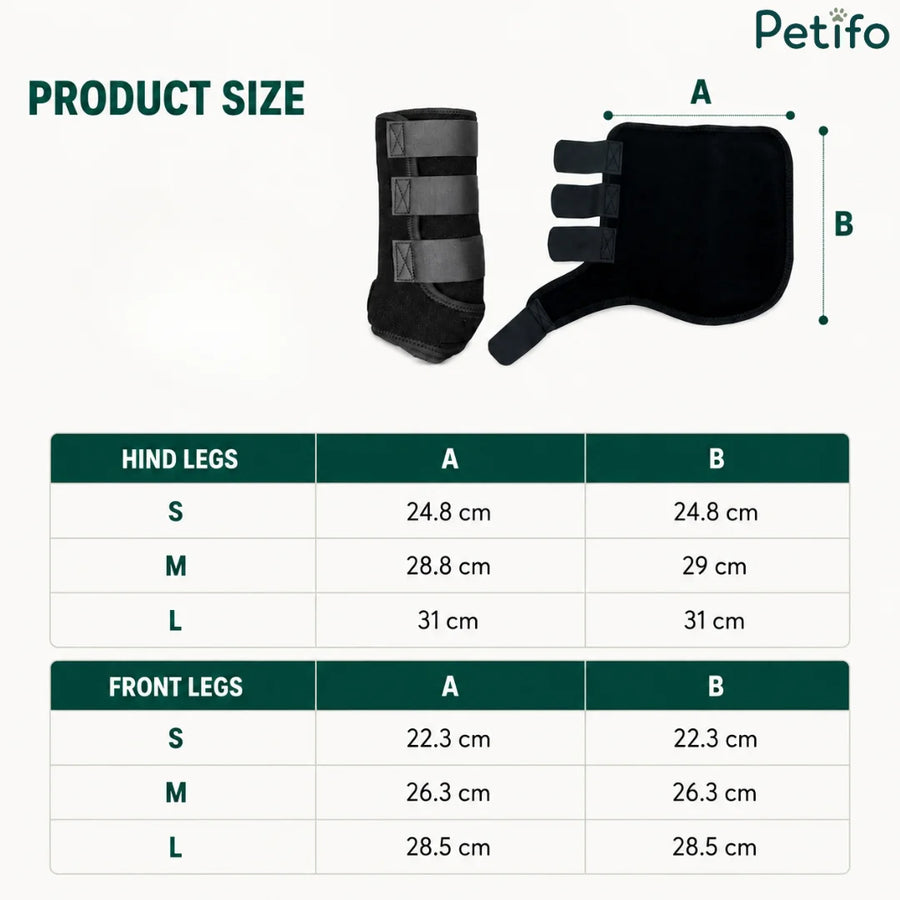 Tabla de tallas del producto con las dimensiones exactas de las botas para las patas traseras y delanteras de caballos en tallas pequeña, mediana y grande.