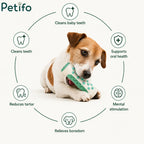 Feature circle diagram showing how the Petifo chew toy cleans teeth, reduces tartar, supports oral health, and relieves boredom for dogs.