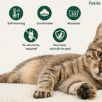 Feature icons showing self-warming, comfortable, washable at 30 degrees, no electricity required, and non-toxic safety for pets.