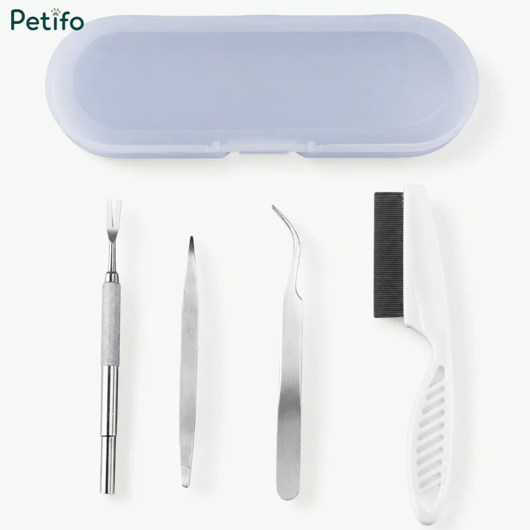Professional tick removal tool kit featuring a storage case, fork, tweezers, and comb.