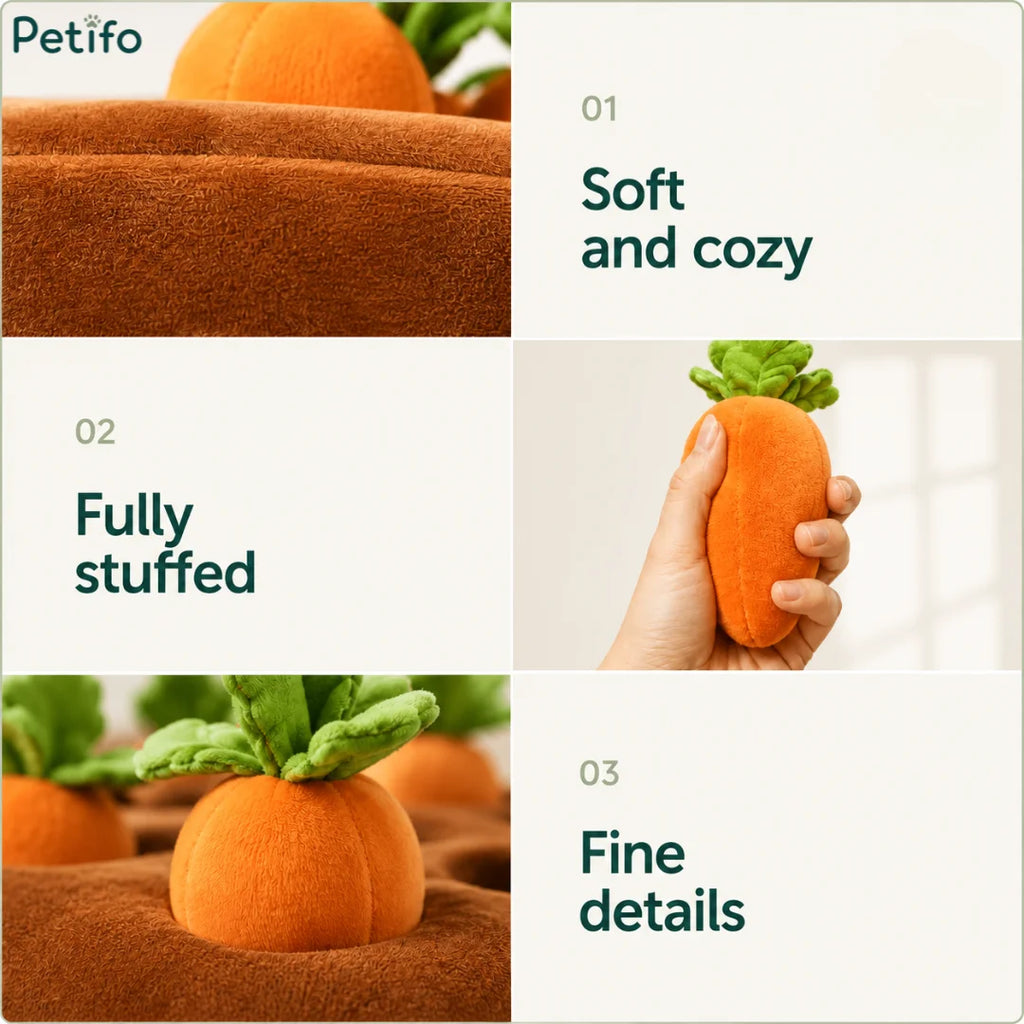 Close-up details of the soft, fully stuffed plush fabric used in the Petifo carrot interactive dog toy.