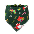 Green Christmas pet bandana scarf with Santa Claus and festive prints.