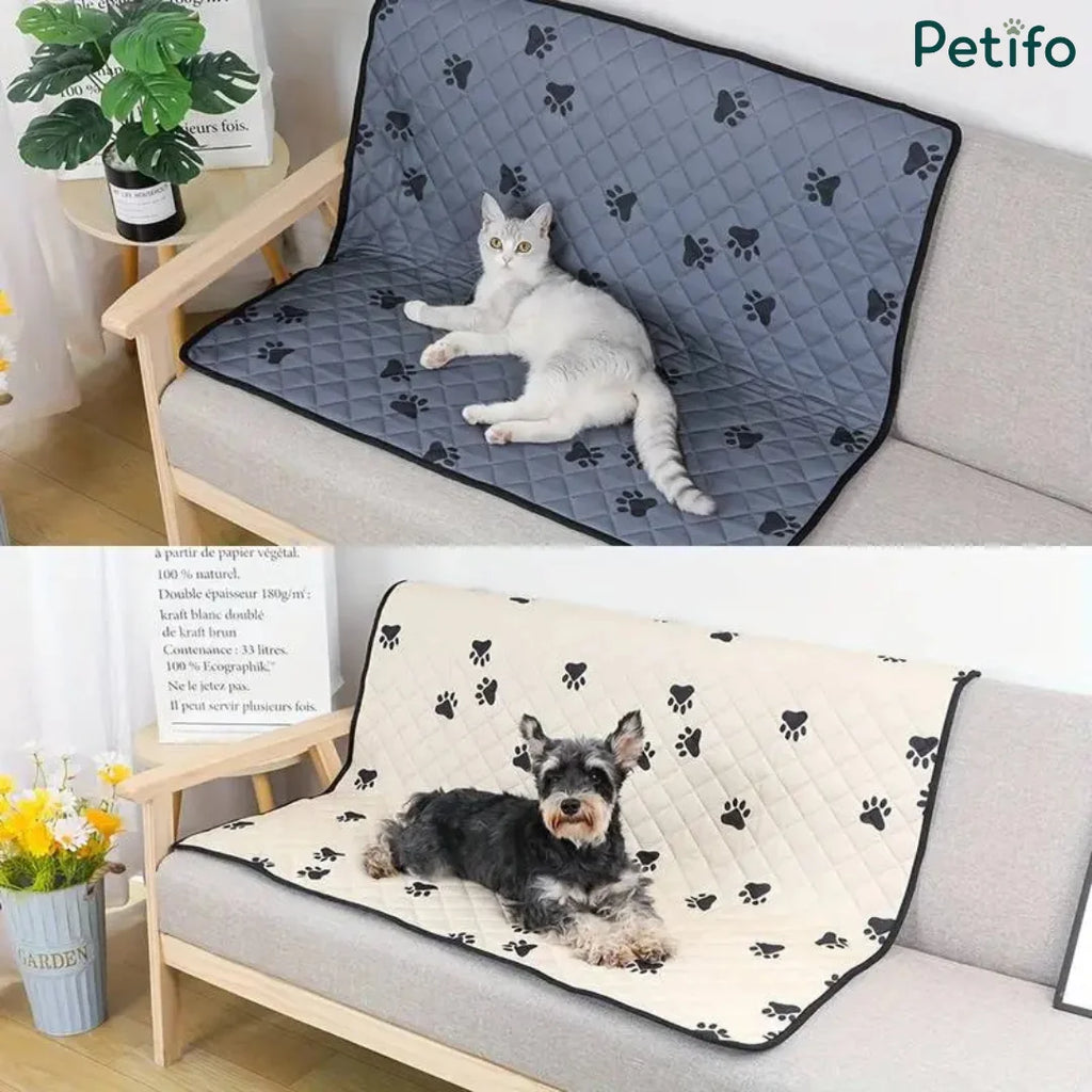 Two lifestyle views showing grey and beige paw-print pet furniture protector mats laid out on living room sofas.