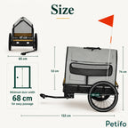 Comprehensive dimension diagram displaying the length, height, and door requirements of the grey and yellow pet trailer.