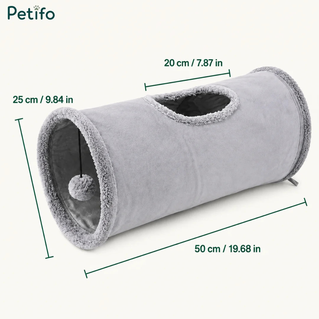 Product dimension diagram for a standard grey plush single cat tunnel.