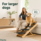Large Golden Retriever sitting securely on heavy-duty wooden pet stairs supporting up to forty kilograms.