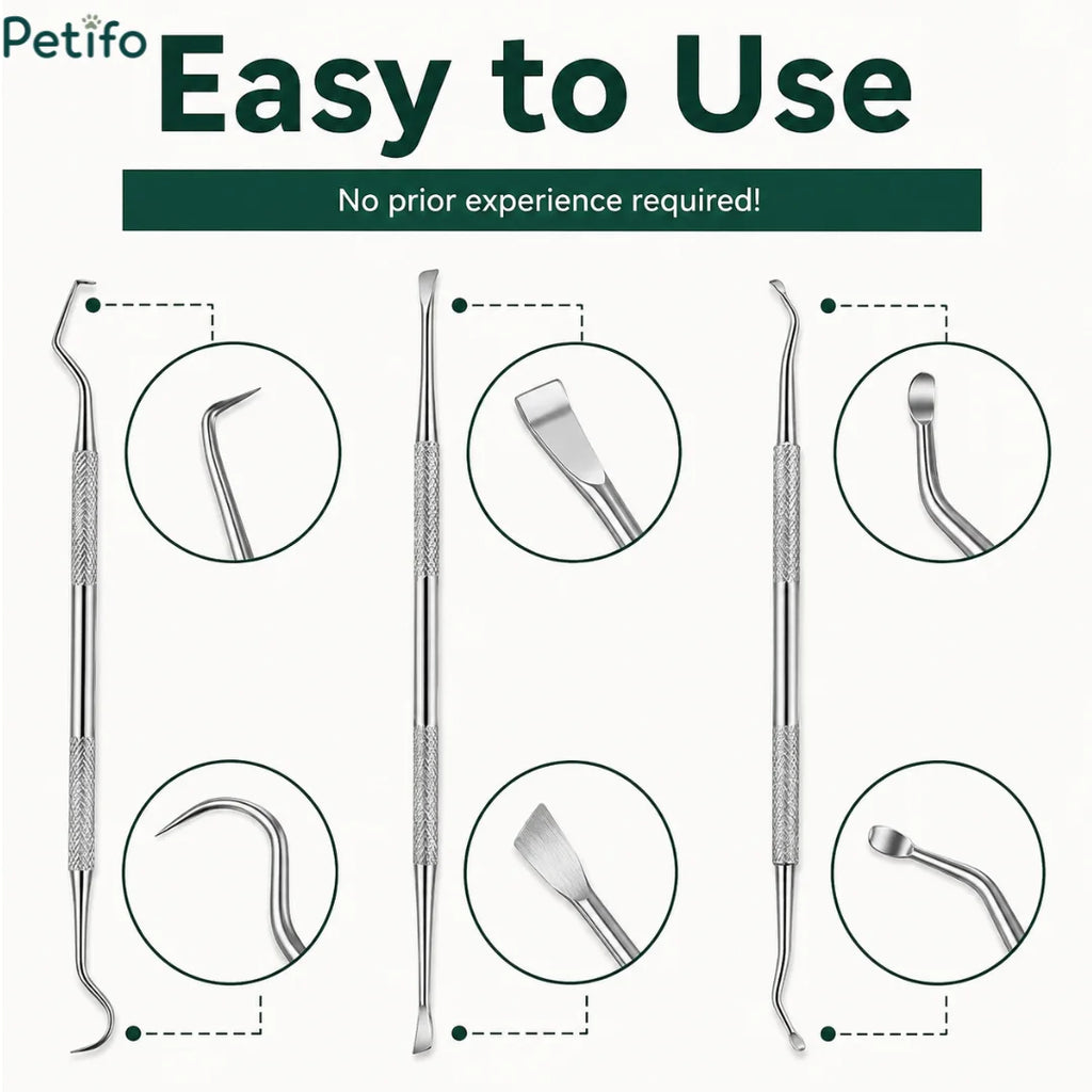 Diagram highlighting double-ended dental scraper tool tips including pick, flat, and curved ends