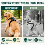 Product comparison infographic highlighting the ergonomic benefits of the inbuilt back harness design against standard collars and leashes.