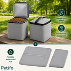 Petifo insulated gray dog food storage containers and foldable waterproof mat.