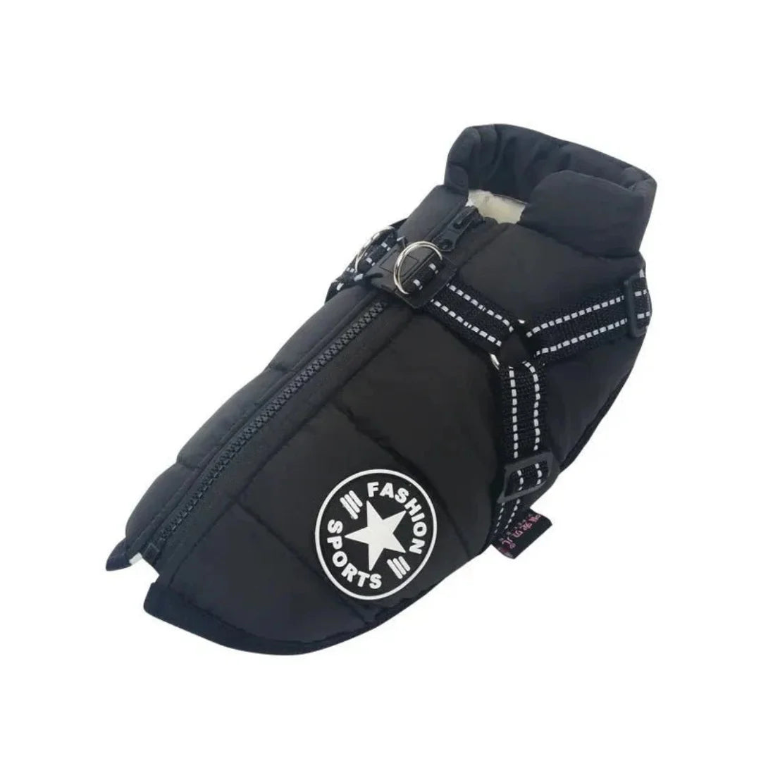 Black insulated winter dog jacket with integrated harness and reflective safety straps.