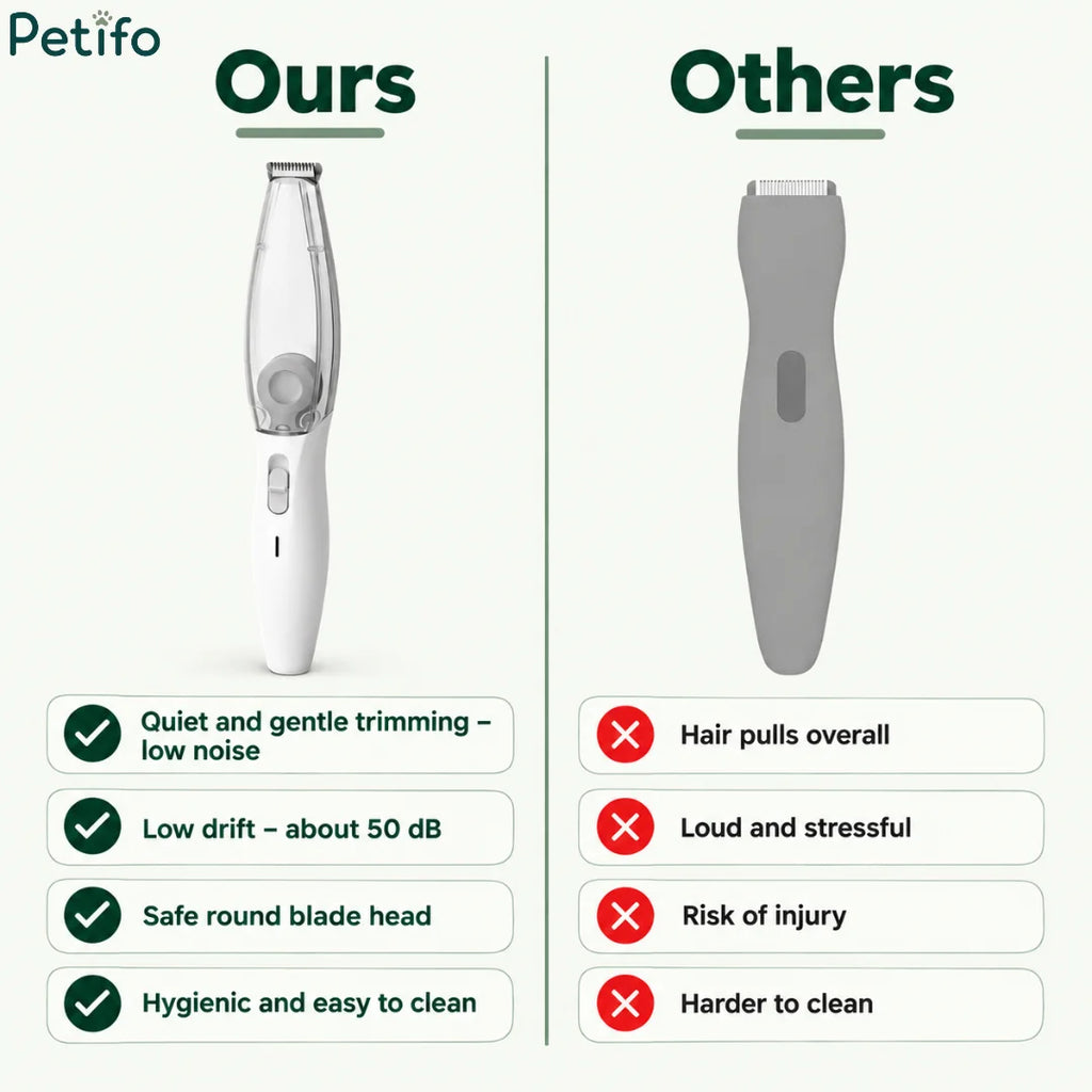 Comparison infographic contrasting the quiet, low-noise, and safe design of our vacuum trimmer against ordinary pet clippers.