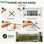 Step-by-step installation guide illustrating how to unfold, measure, thread, and secure a balcony cat safety net.