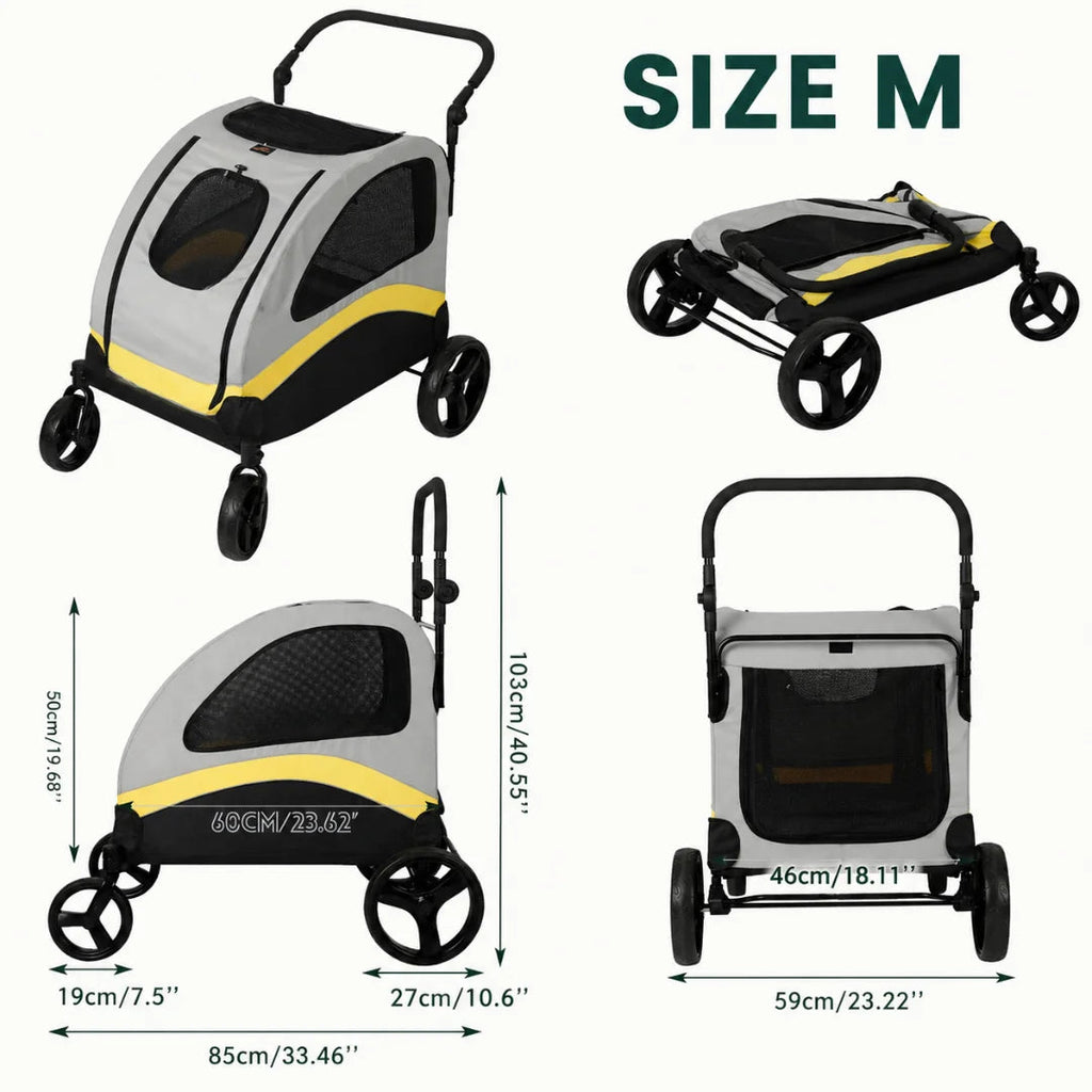 Petifo Size M dog stroller dimensions and sizing chart showing full measurements and its folded layout