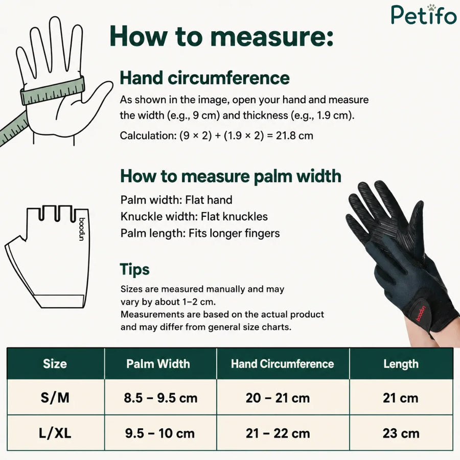 Infografía de tabla de tallas y guía de medición para guantes de equitación con dimensiones de la mano