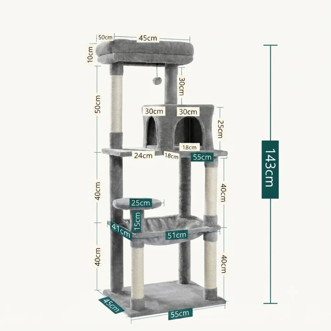 Technical layout of a grey, plush-covered cat condo, detailing the 143 cm height and specific platform sizes.