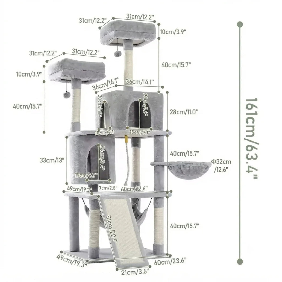 This detailed layout shows a taller model with a total height of 161 cm (63.4"), featuring a central ramp, lower hammock, and multiple perches.